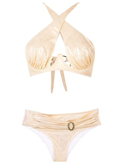 Shop Amir Slama Gathered-detail Halterneck Bikini In Gold
