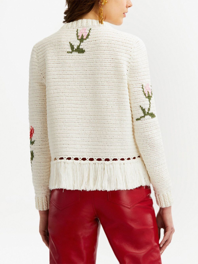 Shop Oscar De La Renta Intarsia-knit Fringed-hem Jumper In White