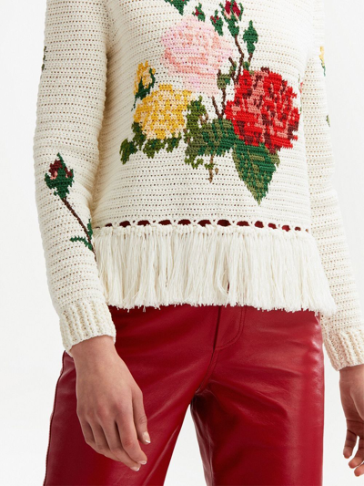 Shop Oscar De La Renta Intarsia-knit Fringed-hem Jumper In White