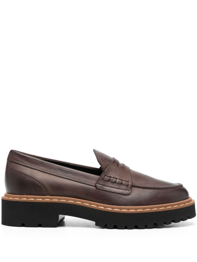 Shop Hogan Lug-sole Leather Penny Loafers In Brown