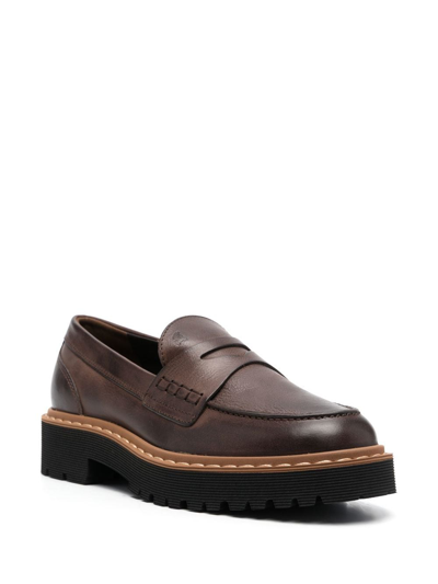 Shop Hogan Lug-sole Leather Penny Loafers In Brown