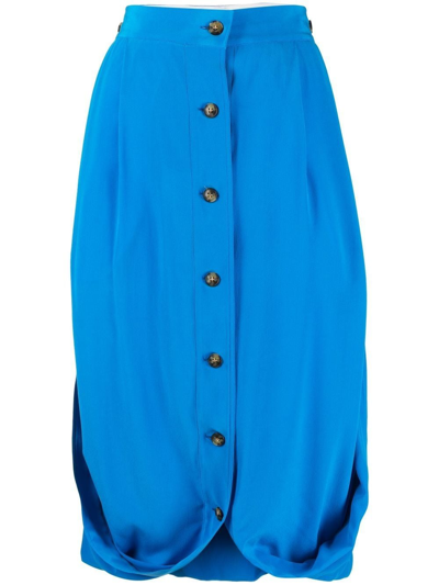 Shop Quira High-waisted Buttoned Silk Skirt In Blue