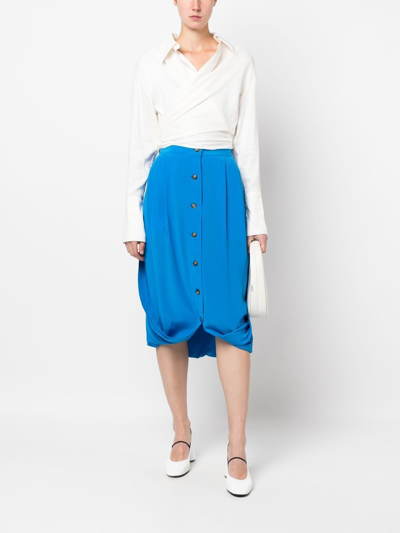 Shop Quira High-waisted Buttoned Silk Skirt In Blue