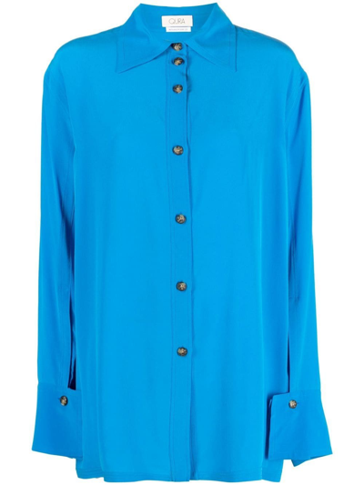 Quira Split Back Shirt With Unique Collar And Buttoned Cuffs In Blue