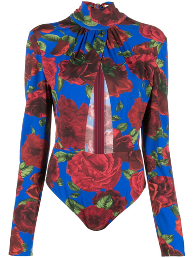Shop Magda Butrym Floral-print Cut-out Bodysuit In Blue