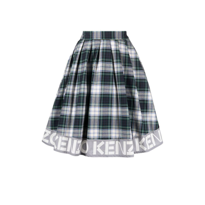 Shop Kenzo Green Logo Check Print Flared Skirt
