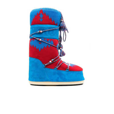 Shop Alanui X Moonboot Icon Knit Snow Boots - Unisex - Wood/calf Leather/acrylic/fabric In Blue