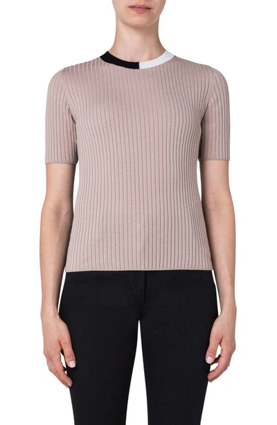 Shop Akris Punto Colorblock Short Sleeve Wool Rib Sweater T-shirt In Black-sand-cream