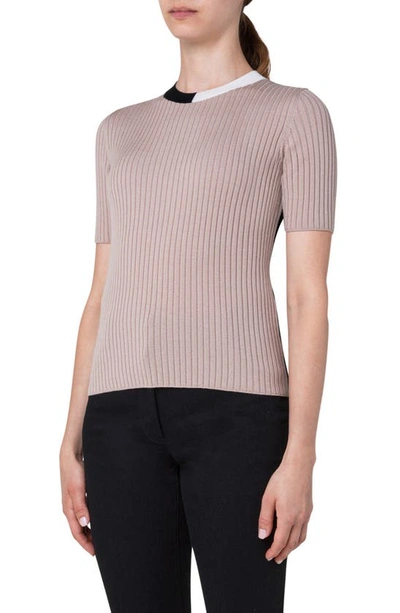 Shop Akris Punto Colorblock Short Sleeve Wool Rib Sweater T-shirt In Black-sand-cream