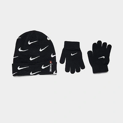 Nike Infant Swoosh Repeat Allover Print Beanie And Gloves Set In Black/white