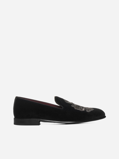 Shop Dolce & Gabbana Logo-crest Velvet Loafers In Black,silver
