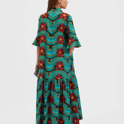 La Doublej Artemis Wavy Floral-print Ruffle-cuff Maxi Shirtdress In Ashbury