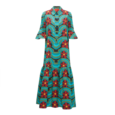 La Doublej Artemis Wavy Floral-print Ruffle-cuff Maxi Shirtdress In Ashbury