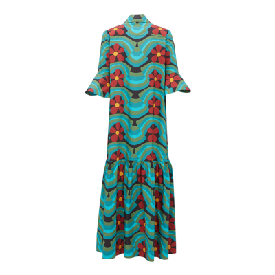La Doublej Artemis Wavy Floral-print Ruffle-cuff Maxi Shirtdress In Ashbury