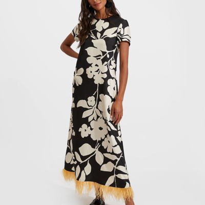 La Doublej Floral-print Silk Swing Dress With Feather Trim In Winter Jasmine