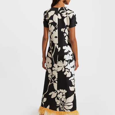 La Doublej Floral-print Silk Swing Dress With Feather Trim In Winter Jasmine