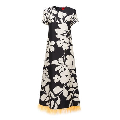 La Doublej Floral-print Silk Swing Dress With Feather Trim In Winter Jasmine