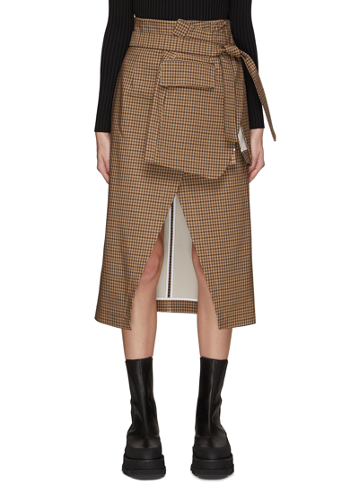 Shop A.w.a.k.e. Belted Shepherd Check Deconstructed Wrap Skirt In Brown