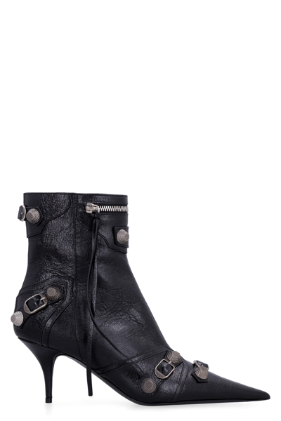 Shop Balenciaga Cagole Leather Pointy-toe Ankle Boots In Black