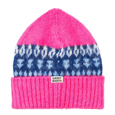 Shop Mc2 Saint Barth Woman Soft Beanie With Nordic Jacquard Print In Pink