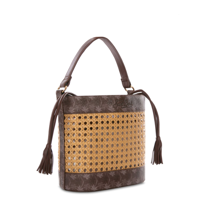 Mc2 Saint Barth Straw Bucket Bag With Brown Monogram Details In Brown