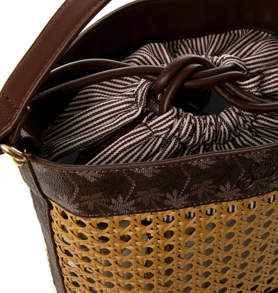 Mc2 Saint Barth Straw Bucket Bag With Brown Monogram Details In Brown