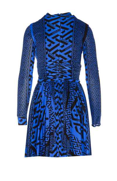 Shop Versace Cutout La Greca Mini Dress In Blue