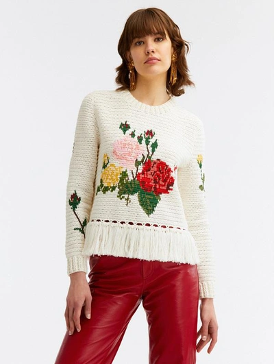 Shop Oscar De La Renta Rose Crochet Fringe Detail Pullover In Ivory Multi