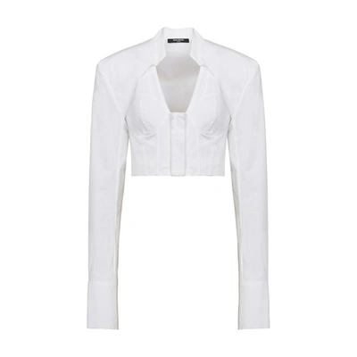 Shop Balmain Cropped Cotton Shirt In Blanc
