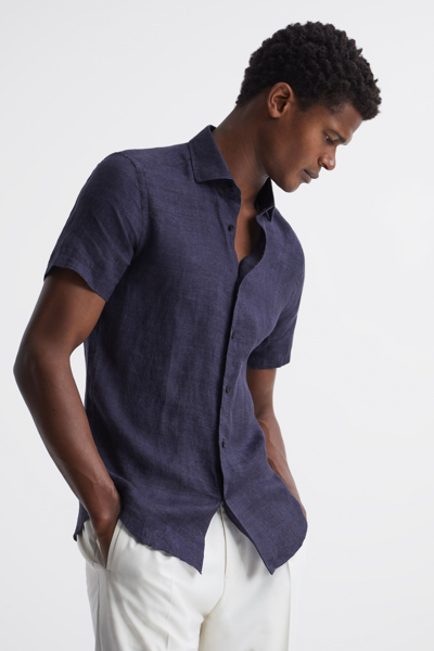 Shop Reiss Holiday - Navy Slim Fit Linen Button-through Shirt, M