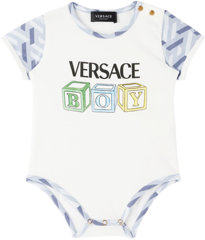 Shop Versace Baby White & Blue Greca Bodysuit In 6w080