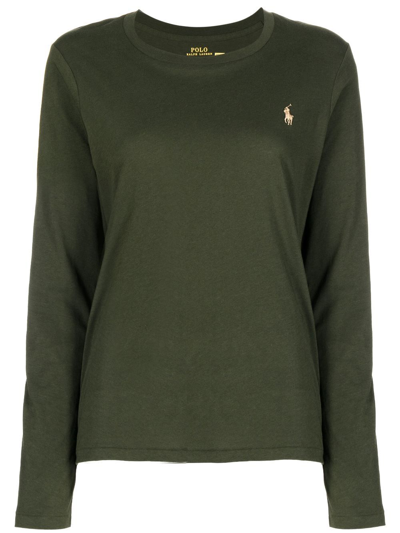 Shop Polo Ralph Lauren Embroidered-logo Long-sleeved T-shirt In Green