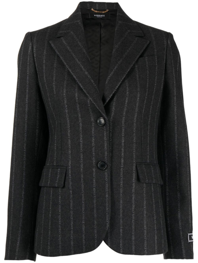 Shop Versace Ges Logo-pinstripe Blazer In Black