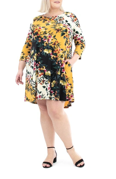 Shop Nina Leonard Floral Three-quarter Sleeve Trapeze Dress In Black Butterscotch Multi