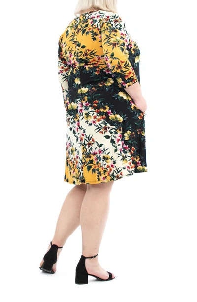 Shop Nina Leonard Floral Three-quarter Sleeve Trapeze Dress In Black Butterscotch Multi