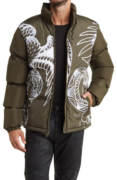 Shop Ed Hardy Eagle Serpent Battle Puffer Jacket In Olive