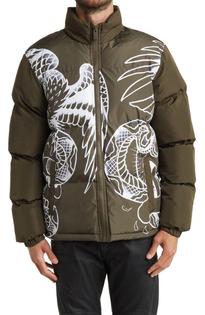 Shop Ed Hardy Eagle Serpent Battle Puffer Jacket In Olive