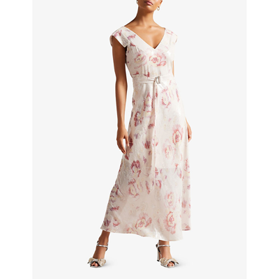 Shop Ted Baker Women's Ivory Ninia Floral-print Belted Woven Midaxi Dress