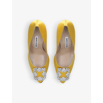 Shop Manolo Blahnik Womens Yellow Hangisi 105 Buckle-embellished Satin Courts