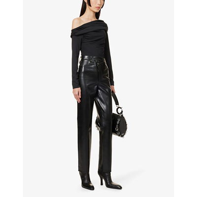 Shop Agolde Kira Asymmetrical-neckline Recycled Polyester-blend Bodysuit In Black