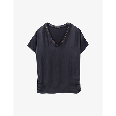 Shop Ikks Women's Navy Blue V-neck Contrast Trim Woven T-shirt