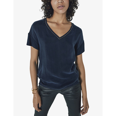 Shop Ikks Women's Navy Blue V-neck Contrast Trim Woven T-shirt