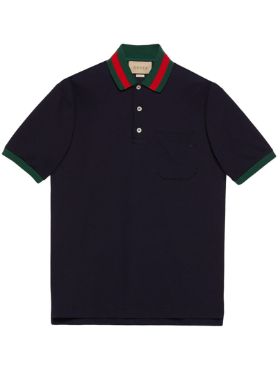 Shop Gucci Web Stripe-collar Piqué Polo Shirt In Blue