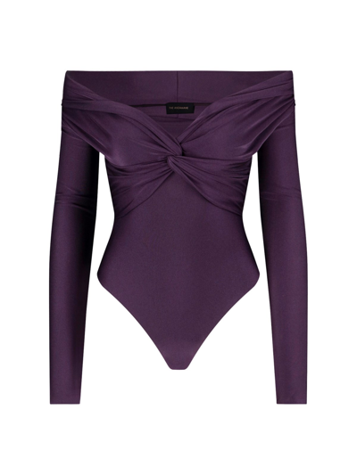 The Andamane Kendall Off The Shoulder Lycra Bodysuit In Viola