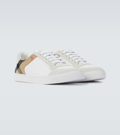 Shop Burberry Reeth Checked Leather Sneakers In White