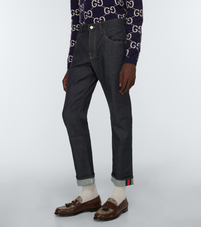 Shop Gucci Tapered Denim Pant With Web In Blue