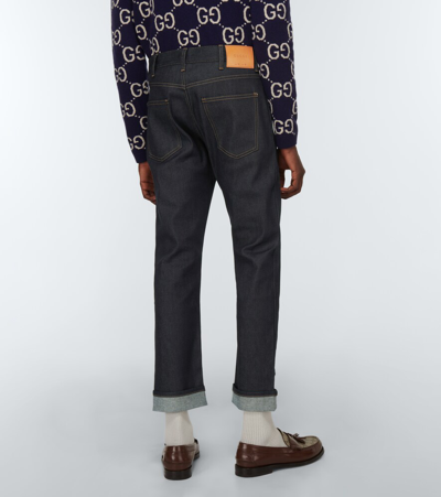 Shop Gucci Tapered Denim Pant With Web In Blue