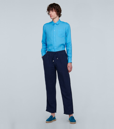 Vilebrequin Linen Regular Fit Drawstring Pants In Blue