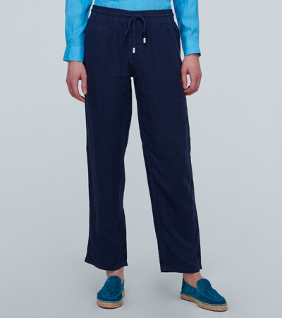 Vilebrequin Linen Regular Fit Drawstring Pants In Blue