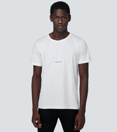 Shop Saint Laurent Signature Logo Cotton T-shirt In White